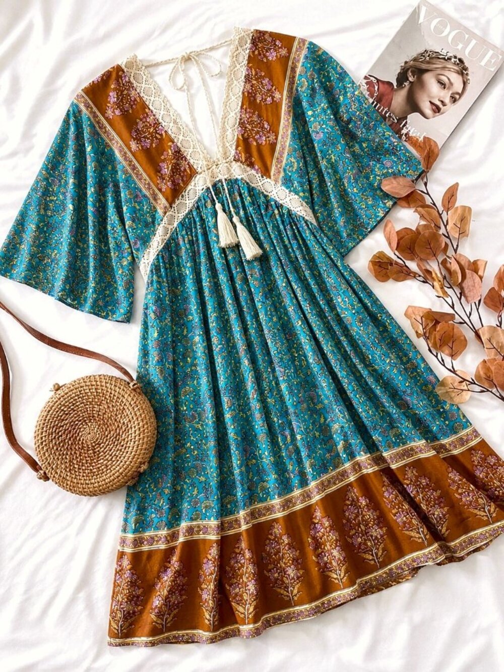 Boho Floral Lace Trim Dress, Teal Rust Print, Cottagecore, GiGiO Brand, Size S